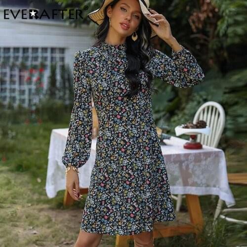 EVERAFTER Stand Floral Print Lantern Sleeve A-line Women Dress Autumn Holiday High Waist Black Midi Dress Female 2021 Vestidos