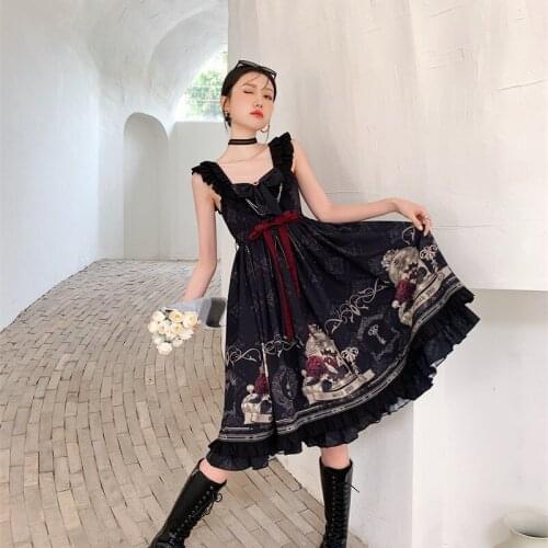 Women Retro Graceful Gothic Square Collar Black Lolita Dress Summer Girls Punk Style Dark Slip Dresses