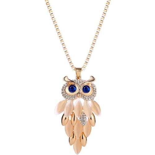 Animal Cute Owl Bling Blue Clear Crystal Opal Golden Black Long Chain Pendant Alloy Necklace For Women