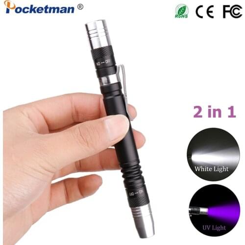 New 2 in 1 Mini UV LED Flashlight Pen Flashlight Multifunctional 395nm Ultra Violet Flashlight Purple White Light Torch