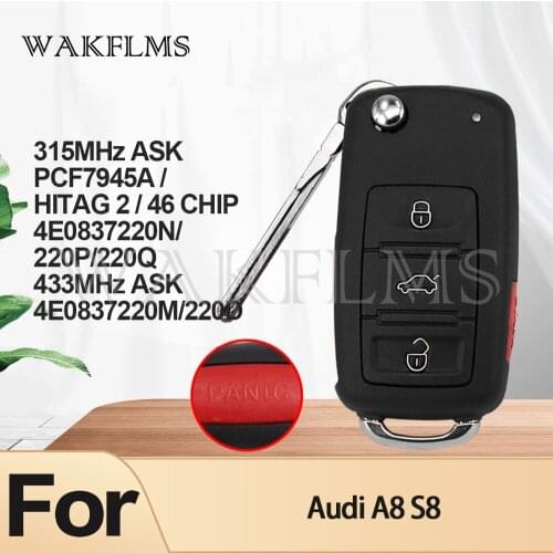 Keyless Entry Smart Remote Key Fob ID46 4E0837220B/J/L/D/M/E/N For Audi A8 S8 2003 2004 2005 2006 2007 2008 2009 315&433MHz