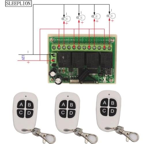 Sleeplion 433Mhz 12V 4CH Wireless Remote Control System Tele ON OFF 1/2/3 Transmitter 1 Receiver 12V 4 CH switch Module Kit 315M
