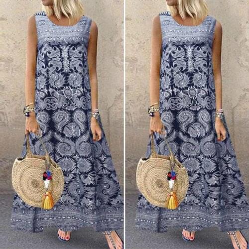 Bohemian Printed Maxi Dress Womens Summer Sundress ZANZEA 2021 Casual Sleeveless Floral Tank Vestidos Robe Femme