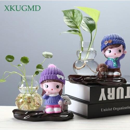 Cartoon Resin Girl Hydroponic Flowerpot Transparent Glass Indoor Vases Home Decor Ornaments Childrens Room Decoration Crafts