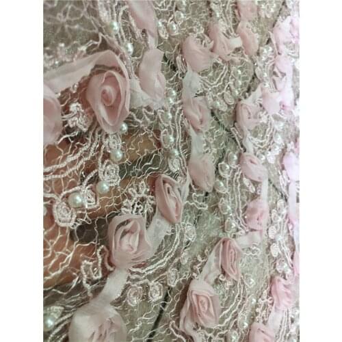 Baby pink pretty flowers lace Fabric with beads High Quality Beautiful Nigerian Lace Fabric For fashion show dress