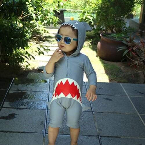 Children Kids Long Sleeve Cartoon Shark Hooded Beach One Piece Swimsuit One Piece Swimsuit One Suit Girl Swimwear Summer
