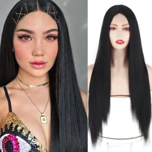 Long Straight Black Wig Synthetic Wigs Natural Hairline for Women Natural Middle Part Wig Heat Resistant Fiber