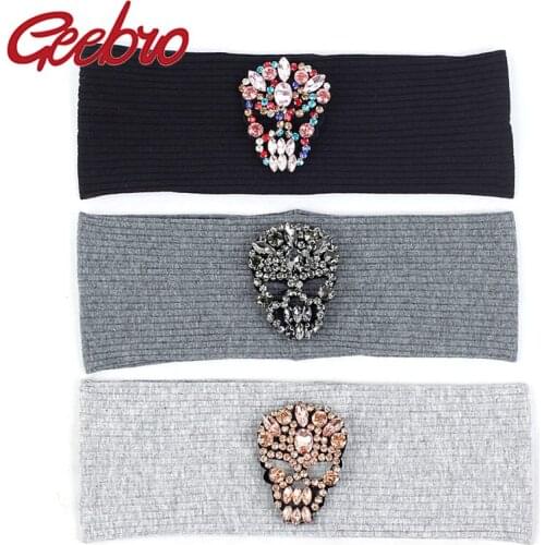 Geebro Women Casual Shinny Rhinestone Skull Ribbed Headbands Ladies Elastic Cotton Hair Bands Accessories For Party Heard wrap
