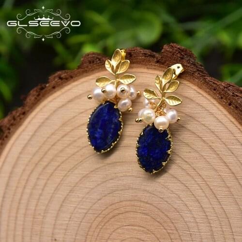 GLSEEVO Natural Lapis Lazuli Charm Drop Earrings For Women Wedding gift Leaf Dangle Earrings Original Design Fine Jewelry GE0897