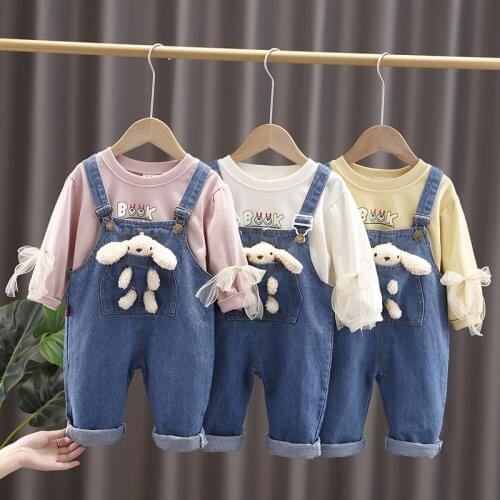 JY 2Piece/Set Girl O-neck Princess Shirt+Denim Overalls With Bear Plush Doll Two-Piece Casual Set 80-110 XZ01