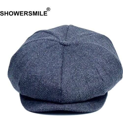 SHOWERSMILE Tweed Plaid Newsboy Cap Wool Men Hat British Style Gatsby Flat Cap Woolen Octagonal Cap Autumn Winter Male Beret