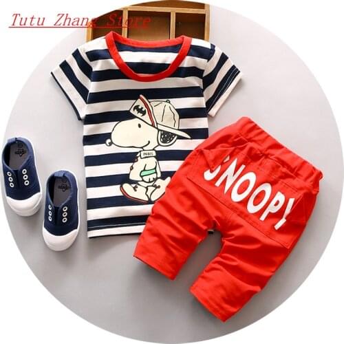 New Boy Set Sportswear Summer Korean Dress Cartoon Striped Short Sleeve T-shirt Top+Short Pants 2pcs Suits Childrens bebes Suit