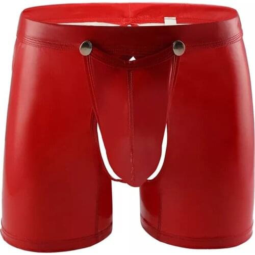 Male Leather Leggings Stretch Bulge Pouch Mens Sexy Leather Lingerie Open Crotch Short Pants Latex Shaping Sheath Casual Boxer