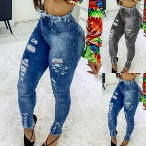 Summer Womens Jeans Blue Dark Washed Frayed High Waist Cotton Womens Clothing Ripped Jeans for Women