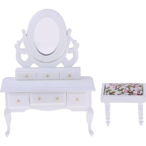 1/12 Dollhouse Bedroom Furniture Miniature Dressing Table And Stool White