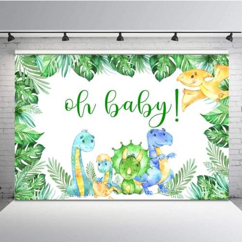 Cute Dinosa Baby Shower Backdrop Green Leaf Animal 1st Birthday Party Photography Backdrops Dessert Table Decorations Props