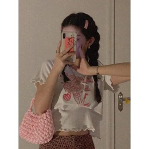 Fashion Harajuku Casual Summer Short-sleeved T-shirt Cartoon Cute Print Leaking Waist Short T-shirt Female Street White T-shirt