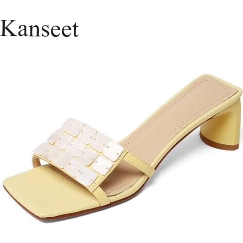Kanseet 2021 Summer New Open-Toed Womens Slippers Fashion Design Handmade High Quality Square Toe High Heels Dress Female Shoes