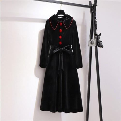 Autumn Winter Vintage Women Long Sleeve Gold Velvet Dress Big Size A-line Bow Tie Dress Elegant Lady Black Dresses Vestidos 1124