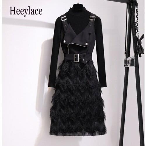 Autumn Winter Skirt Suits Women Stand Collar Knitted Black Sweater + Sling Dress Patchwork Tassel Fashion 2 Piece Set