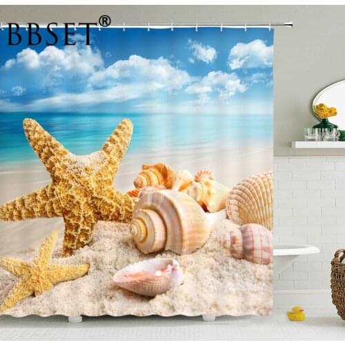 Beach Scenery Shower Curtain Seashells and Starfish on The Blue Beach Pattern Waterproof Multi-size Douchegordijn Bathroom Decor