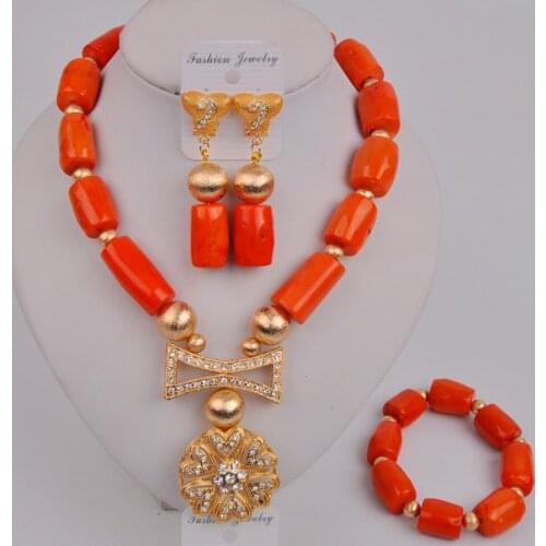 Latest Orange Nigerian Coral Beads Jewelry Set African Wedding Coral Necklace Sets 12-A1-2