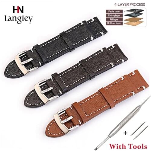 Top Grade Double Dermis Cowhide Band Retro Genuine Leather Watchband 20mm 22mm 18mm Strap For Business Wristwatch Accessories