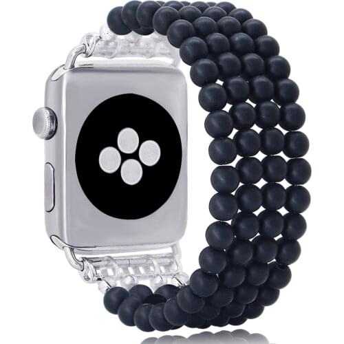 LuReen Matte Black Agate Apple Watch Strap For iwatch 5/4 3/2/1 Elastic 38mm 42mm Smooth Handmade Beads Watch Band Bracelet