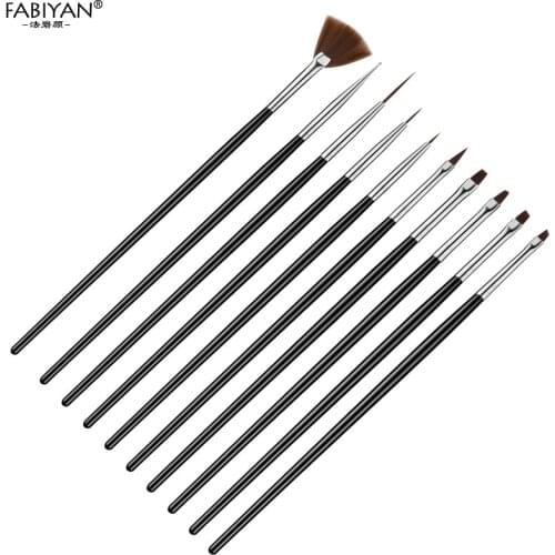 Painting Drawing Pen Brush UV Gel Builder Line Fin Fan Nail Art Manicure Tools Polish Salon 10Pcs/Set Design Acrylic DIY Black