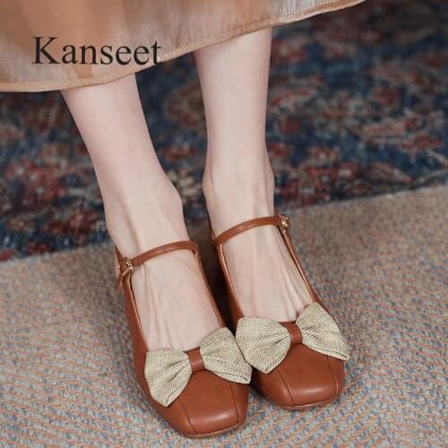 Kanseet Women Sandals 2021 Summer Shoes For Girls Sweet Butterfly-Knot Genuine Leather Party Dress Buckle Strap Mid Heels Shoes