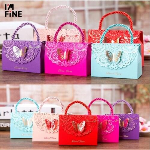 Wedding Party Favors Pink Portable Gift Paper Box Blue Purple Butterfly Flower Candy Paper Gift Bag With Handle