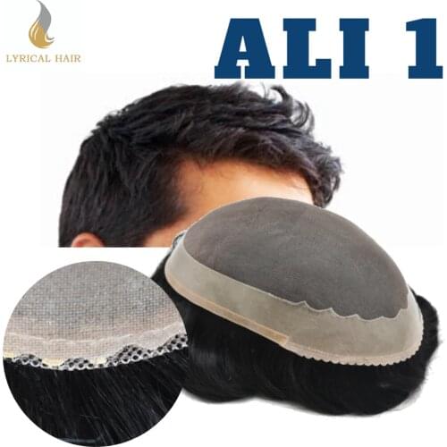 TOUPEE Fine Mono Mens Toupee Poly Coating Around Durable Hair System Hairpiece Human Remy Comfortable Black Wigs ALI1