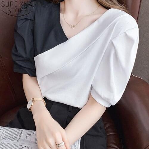 Blusa Summer V-neck Blouse Bubble Sleeve Womens Backless Color Contrast Design Short Sleeve Women Cute Short Chic Tops 14924