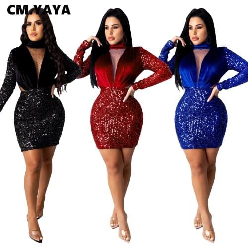 CM.YAYA Autumn Mesh Velvet Sequins Patchwork Women Midi Dress Long Sleeve Bodycon Streetwear Turtleneck Mini Sexy Club Dresses