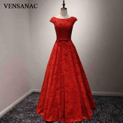 VENSANAC 2018 New A Line Embroidery O Neck Long Evening Dresses Beadings Short Sleeve Bowknot Sash Crystals Party Prom Gowns