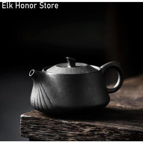 185ml Retro Black Ceramic As Wishes Teapots Japanese Style Small Coarse Teakettle Kung Fu Tea Strainers Hand Grasp Pot Teaware