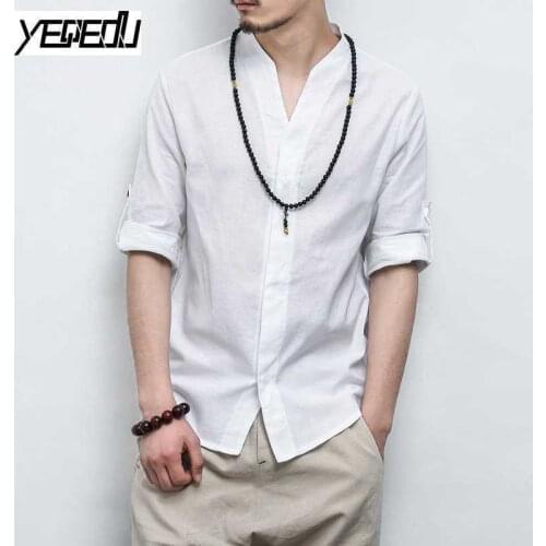 #4429 Fashion Cotton Kimono Shirts Men Chinese Style Three Quarter Sleeve Plus Size Man Clothing Linen Shirt Men Mandarin Collar