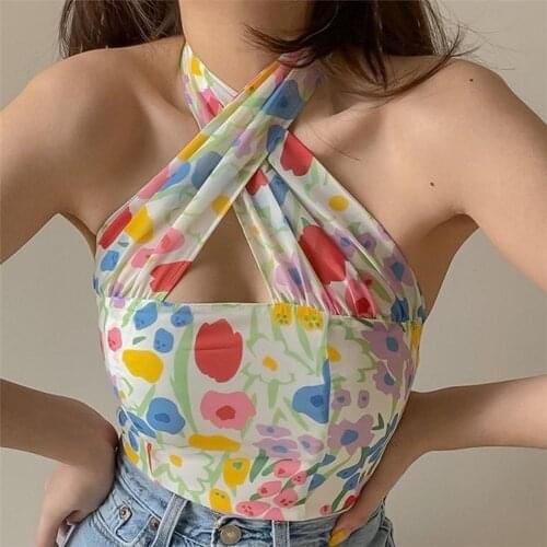 65% Dropshipping!!Womens halterneck vest floral print skin-friendly casual short top
