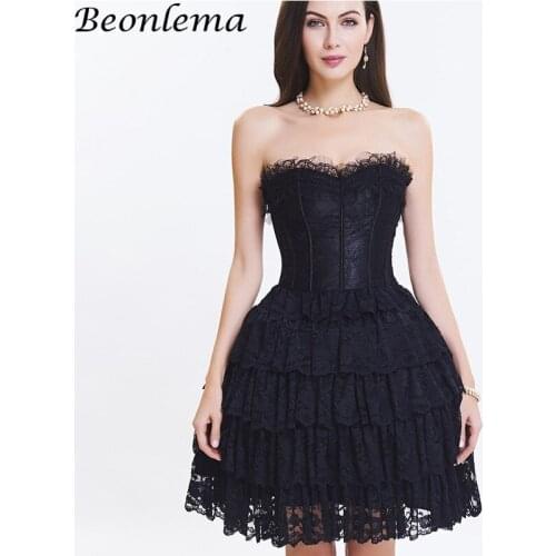 Beonlema Corset Dress Women Burlesque Sexy Corsets Gothic Clothing Backless Korse Tutu Dress Red Black Lace Bustiers S-2XL