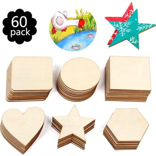 60pcs Unfinished Wood Board Blank Natural Slices Wooden Round Square Pieces for DIY Craft Painting Coaster Pyrography 3.5in