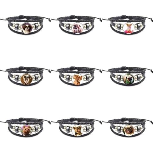 EJ Glaze Black Leather Bracelet Bangle For Women Girl Gift Cute SharPei Dog