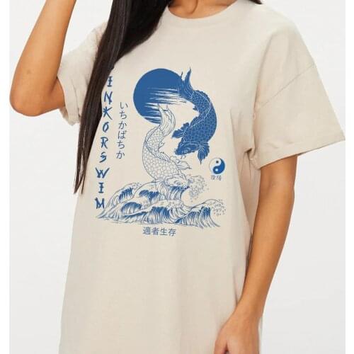 Koi Fish Japanese Style T Shirt Vintage Plus Size Harajuku Streetwear Women T-Shirts Yin Yang Graphic Tshirt Aesthetic Clothing