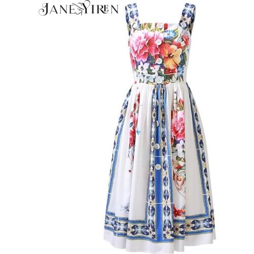 Janeyiren Designer Runway Dress Summer Women Sling Spaghetti strap Vase Floral-Print Button Casual Holiday Elegant Beach Dress