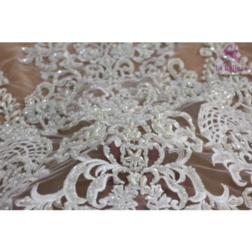 La Belleza 2019 new 75cm width ivory Bilateral Beaded sequins lace trim gorgeous lace trim for bridal accessories 1 yard