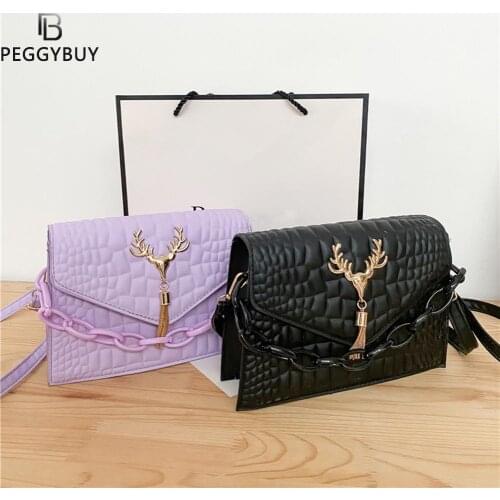 Fashion Women Antler Tassel Chain Messenger Bag Ladies New Luxurious Messenger Bag PU Alligator Pattern Flap Purse