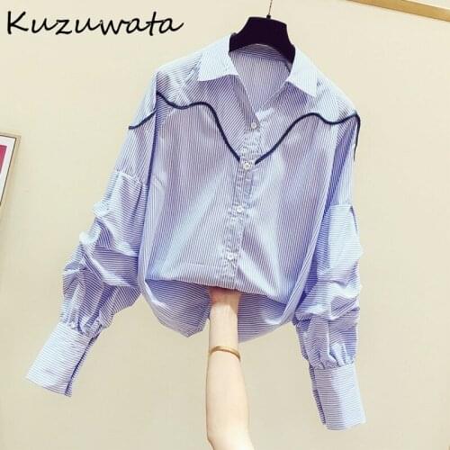 Kuzuwata Fashion Lantern Sleeve Turn Down Collar Single Breasted Shirts 2021 Spring New Striped Women Blusas Casual Femme Blusas