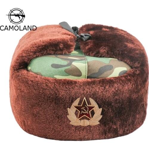 CAMOLAND Faux Fur Earflap Cap Men Soviet Army Military Badge Bomber Hats Winter Warm Camouflage Trapper Hat Russian Snow Caps