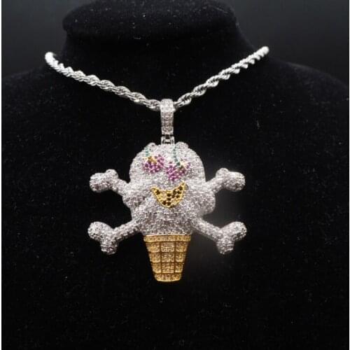 High-quality skull bone ice cream pendant two-color euro-american hip-hop zircon inlaid copper jewelry mens necklace hip-hop st