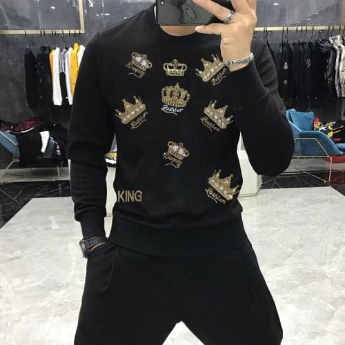 Winter New Mens Hoodie Warm Casual Top O-Neck Pullover Sweatshirt 100% Cotton Hot Diamond Crown Pop Top
