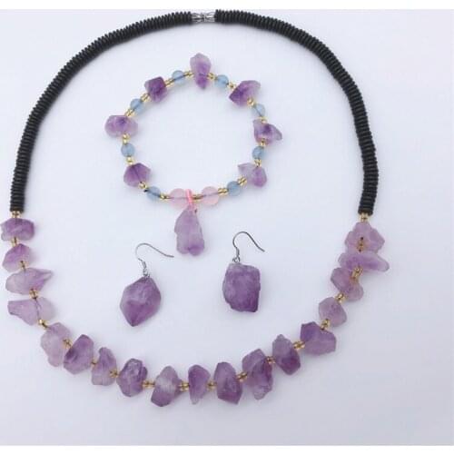 New Design handmade natural purple irregular stone elastic necklace bracelet earrings jewerly set